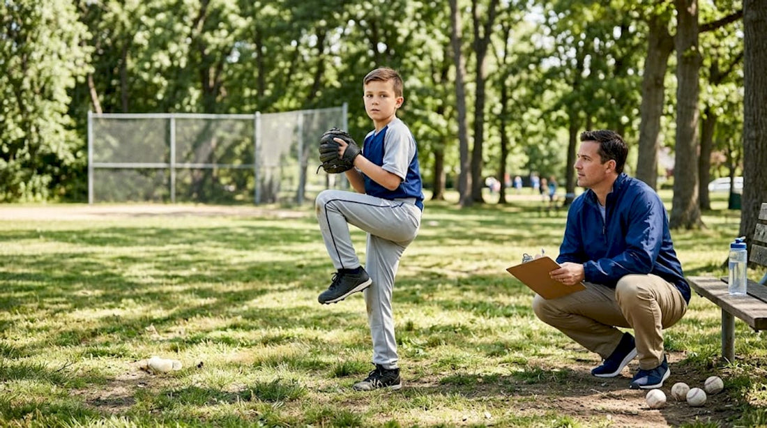 Youth baseball player practicing pitching balance outdoors
