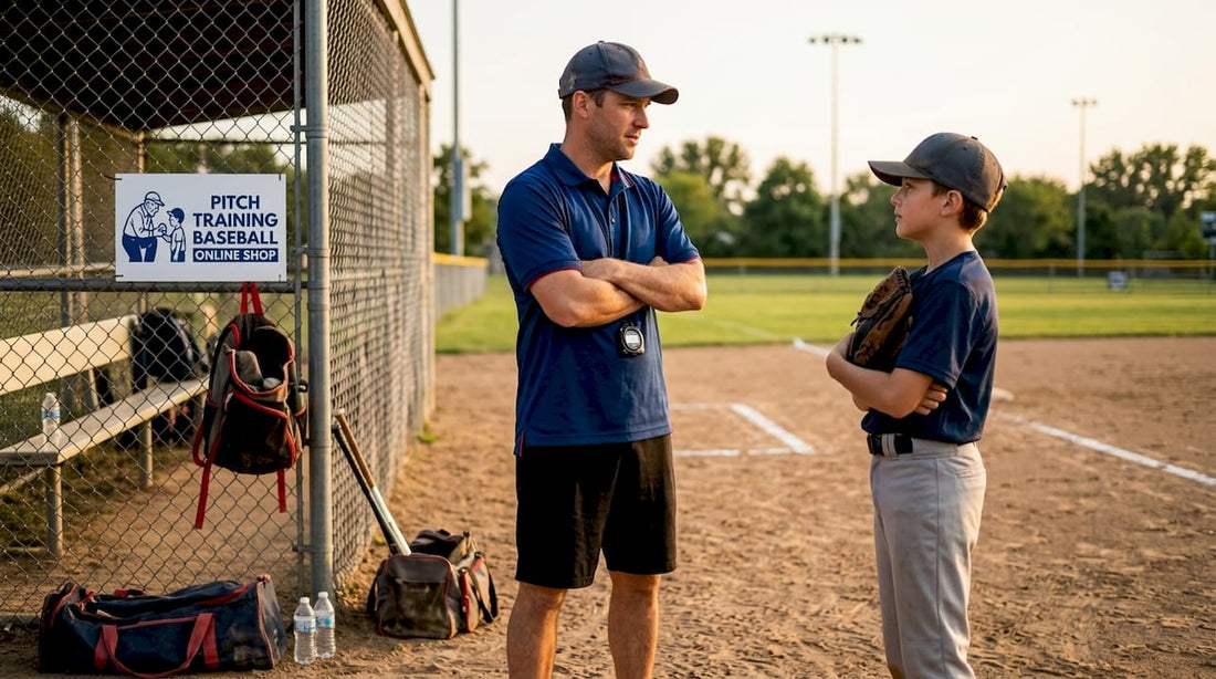 Coach watching young pitcher practice on field