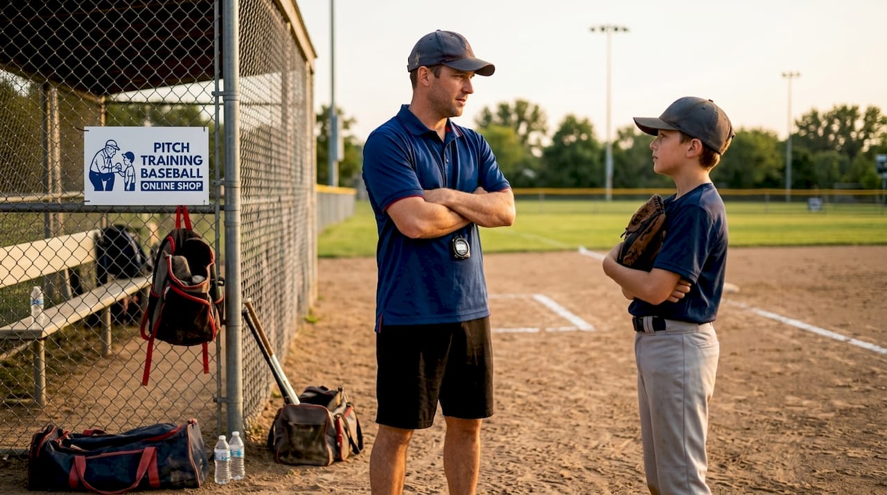Coach watching young pitcher practice on field