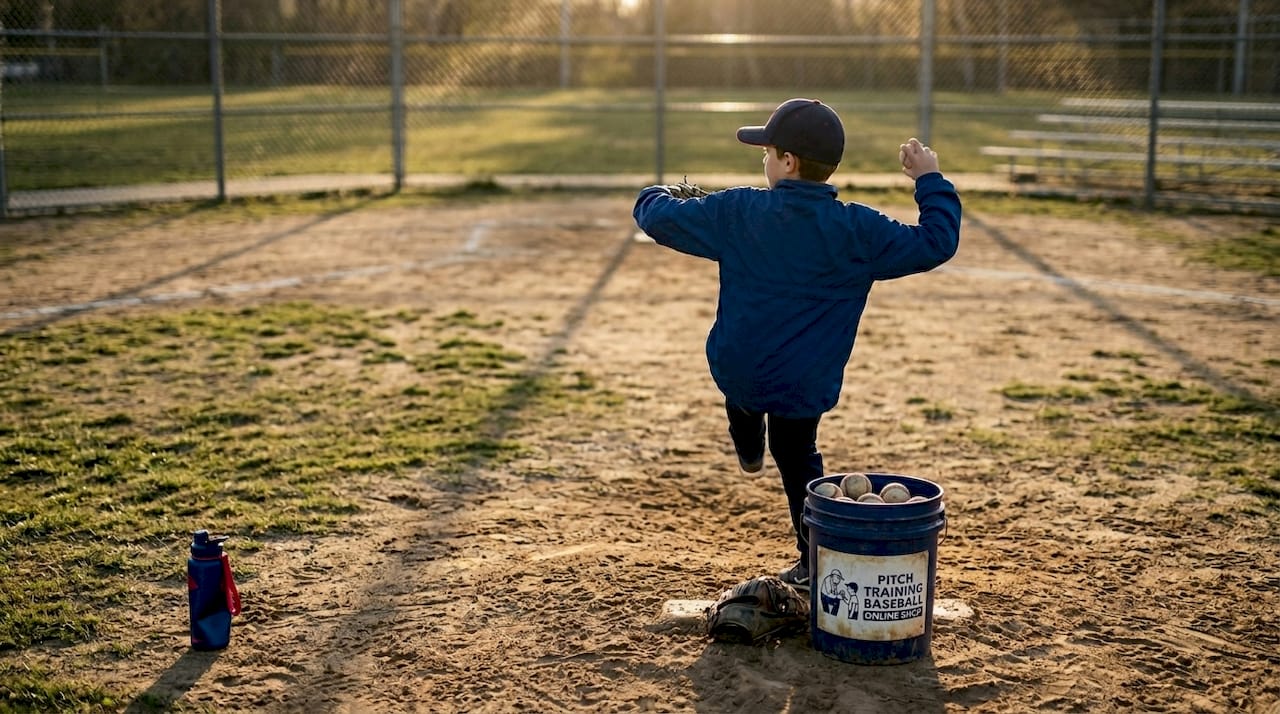 Young baseball pitcher practicing on outdoor field