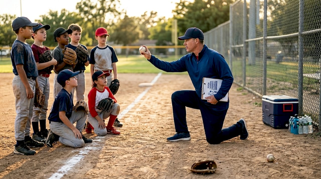 Coach teaching kids how to throw a baseball