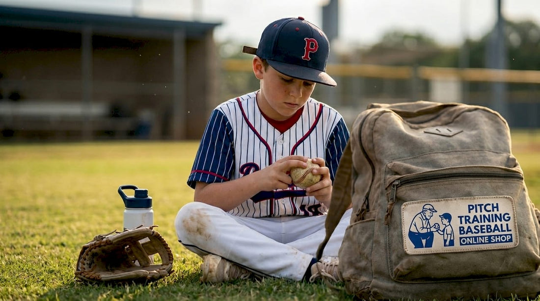 Young baseball player practicing pitching grip