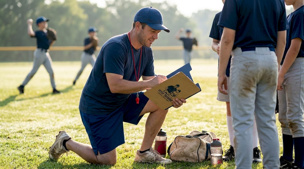 Coach supervising safe youth baseball practice
