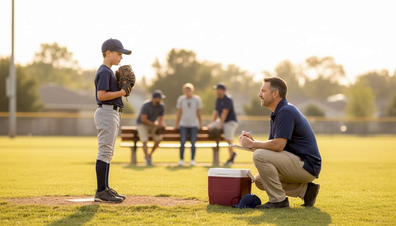 Youth pitcher being assessed by coach on mound