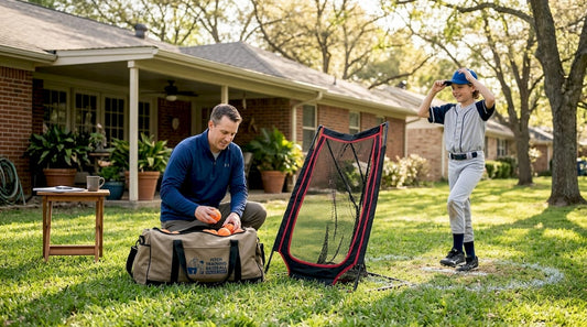 Parent and child set up baseball training equipment outdoors