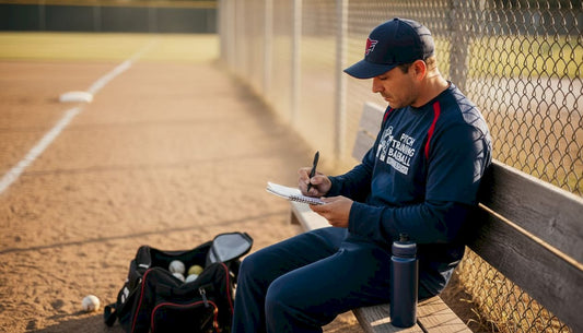 Coach recording pitching stats on ballpark bench