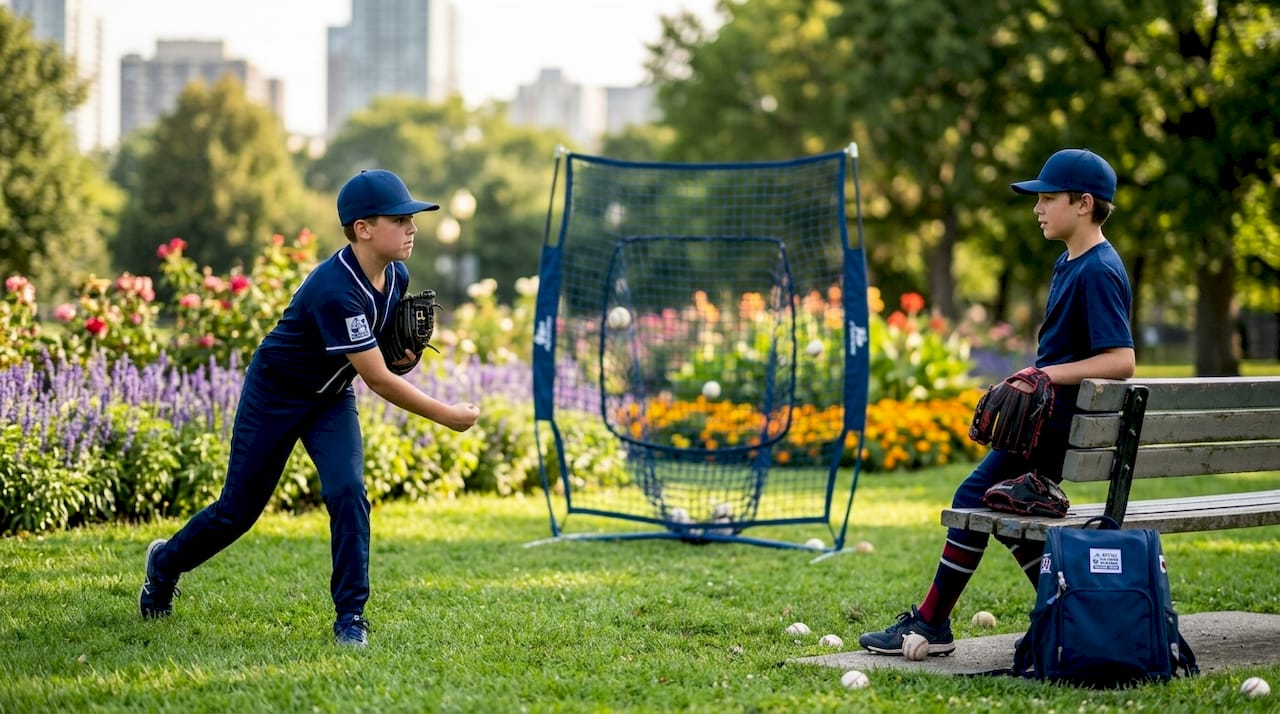 Youth players practicing pitching at training net