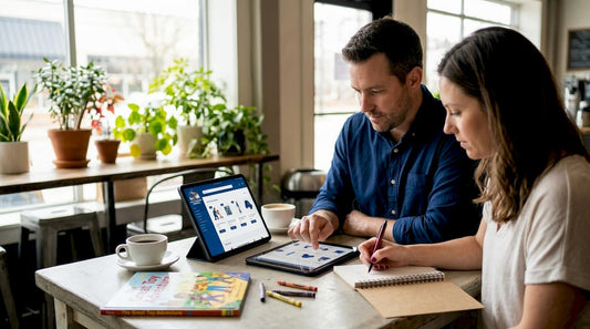 Parents comparing online toy shop alternatives at kitchen table