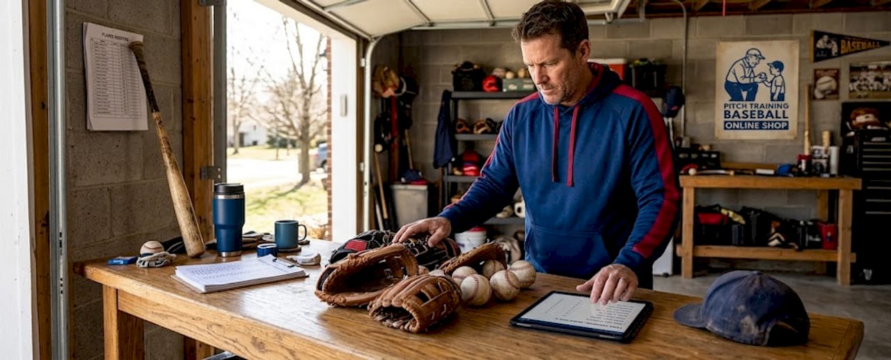Coach reviewing youth baseball gear at home desk