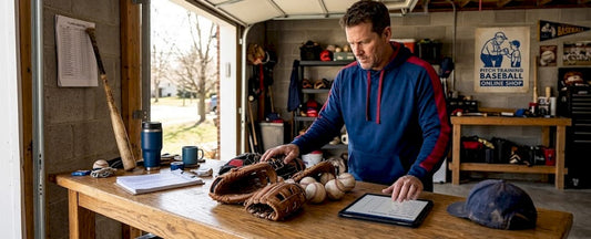 Coach reviewing youth baseball gear at home desk