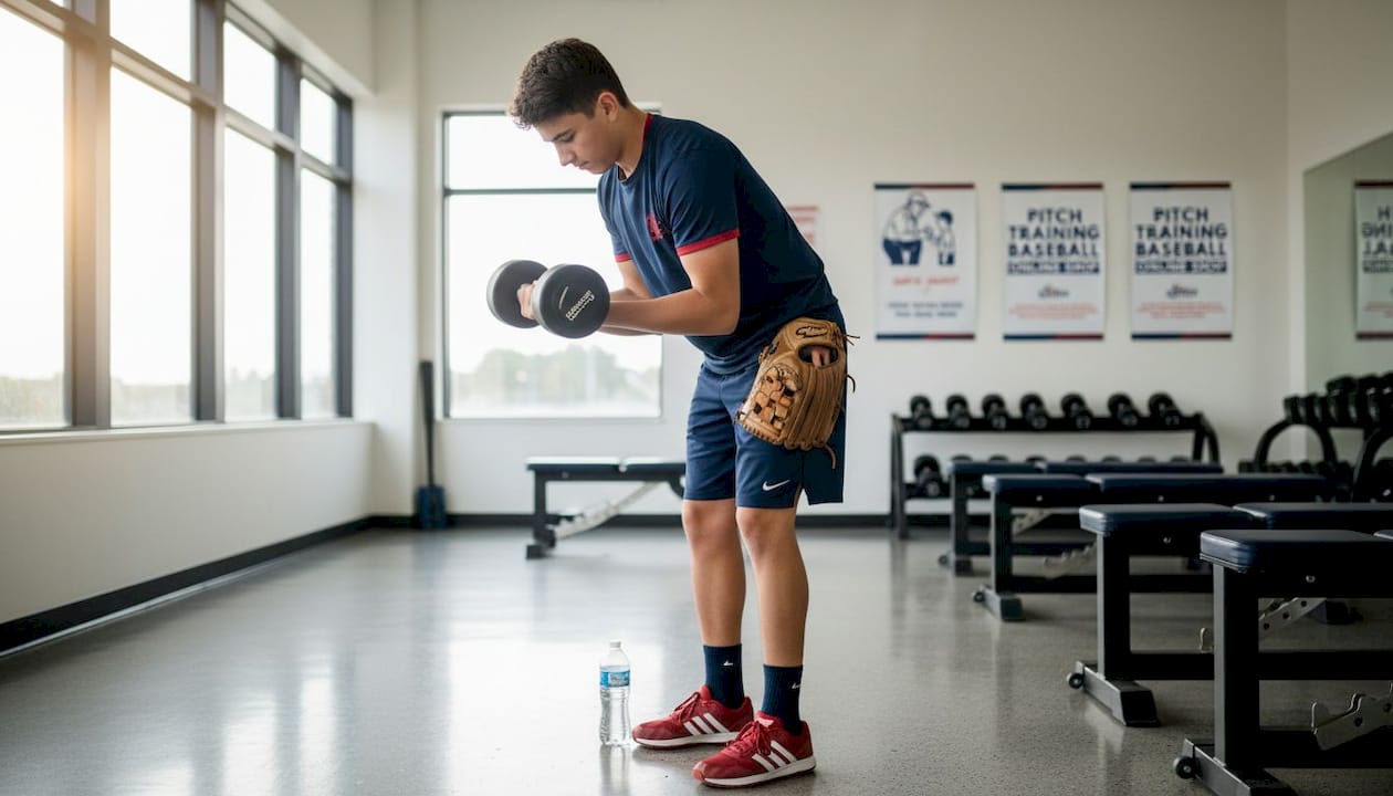 Baseball player strength training with dumbbells in gym