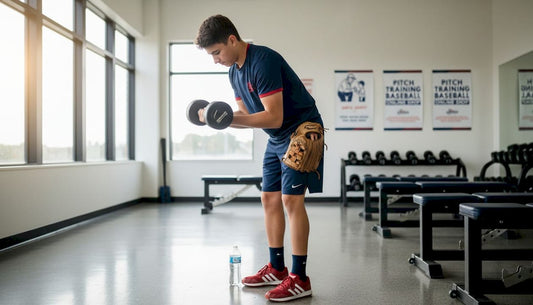 Baseball player strength training with dumbbells in gym