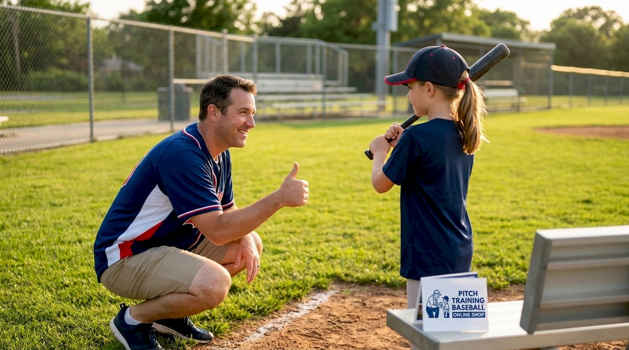Parent encourages child at youth baseball field