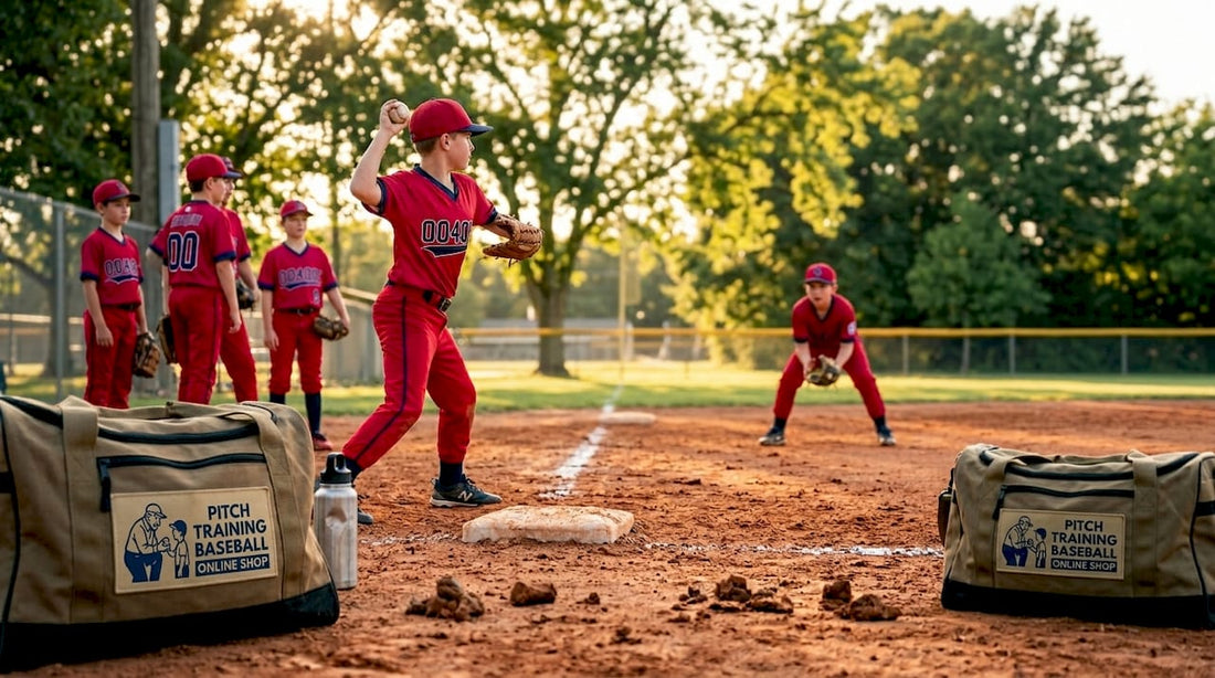 Youth players practicing throws on baseball field