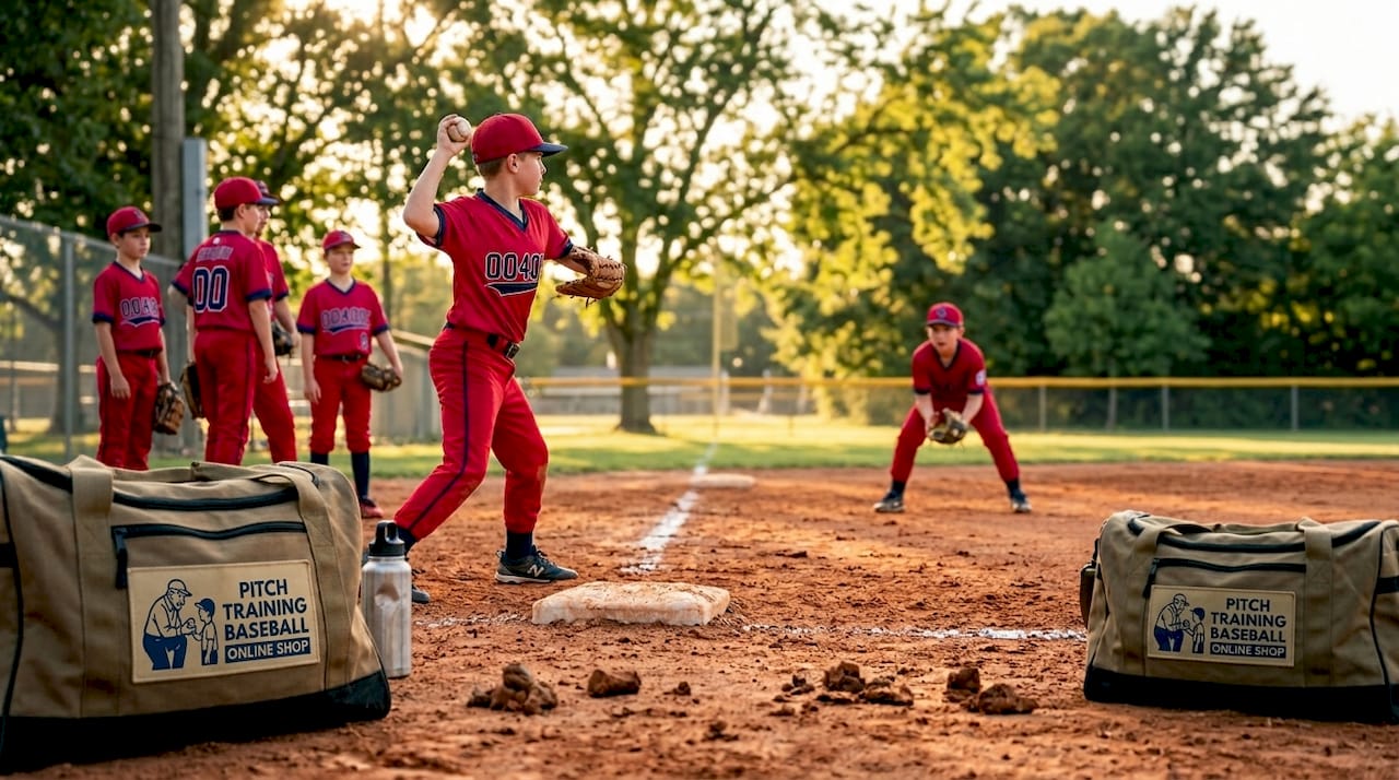 Youth players practicing throws on baseball field