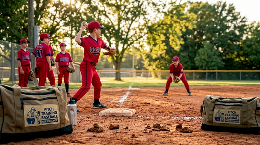 Youth players practicing throws on baseball field