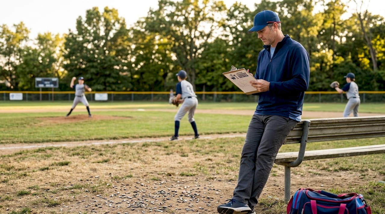 Youth baseball coach observing practice with clipboard
