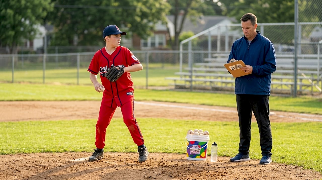 Young baseball player pitching as coach observes