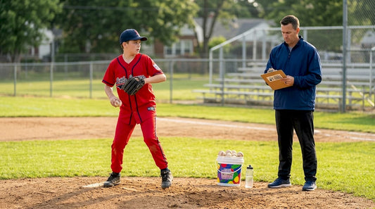 Young baseball player pitching as coach observes