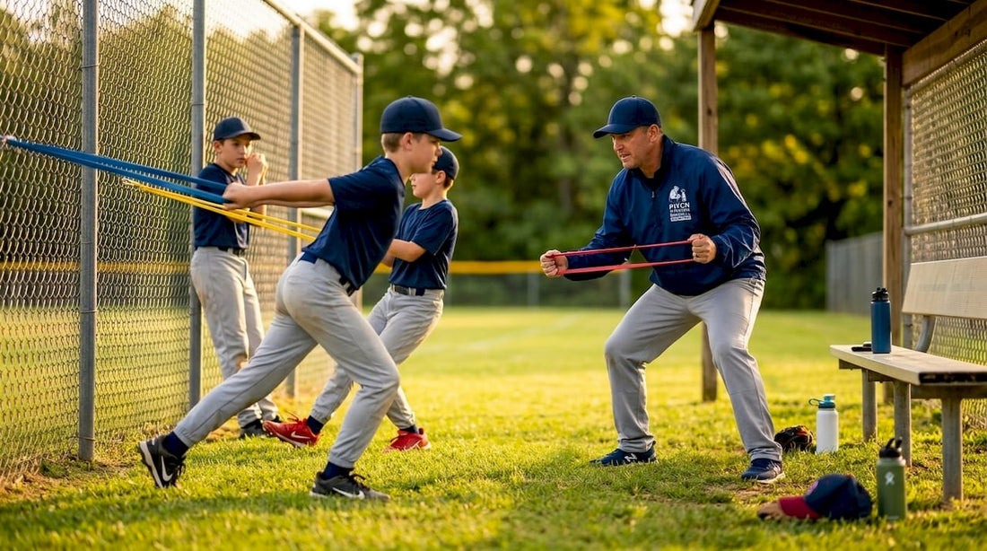 Youth baseball players perform resistance band arm exercises