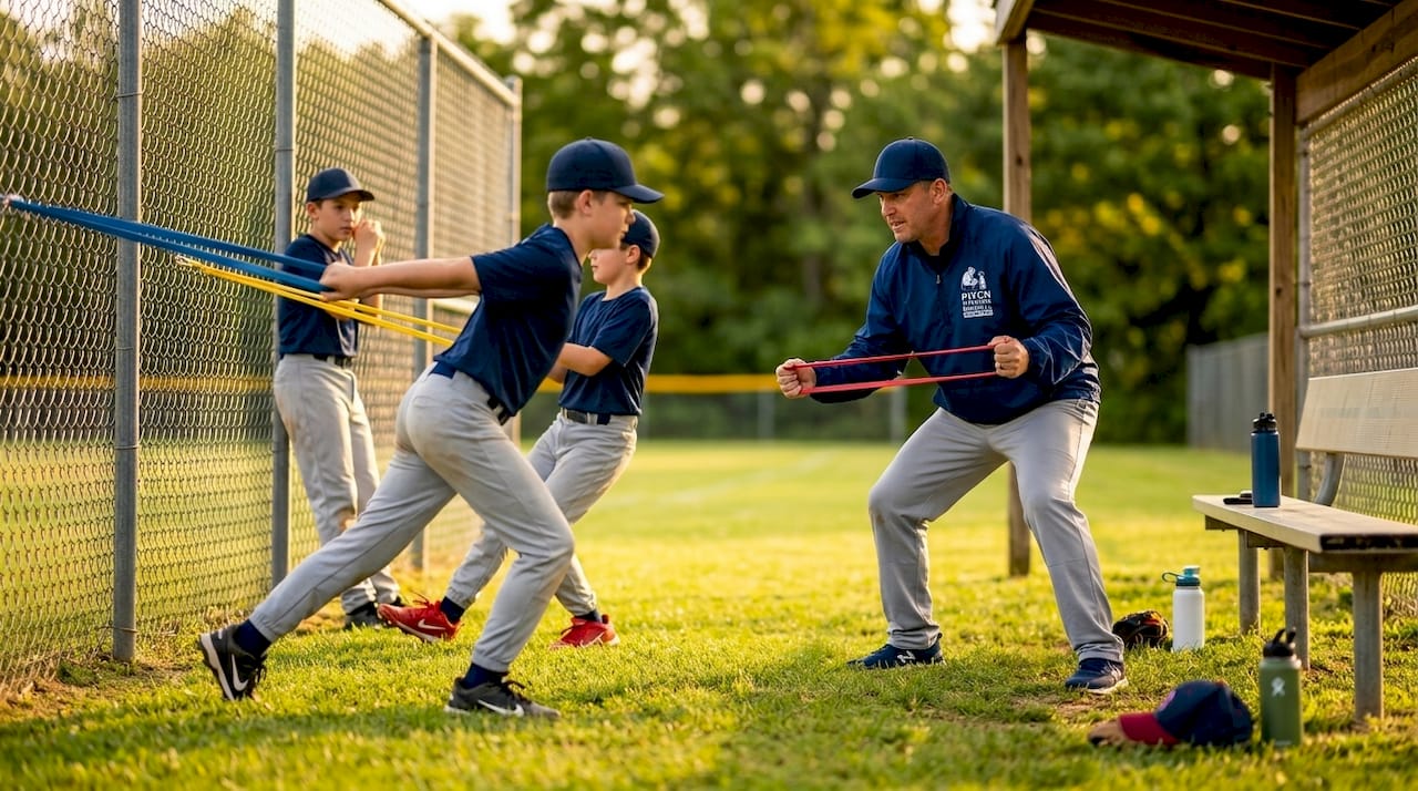 Youth baseball players perform resistance band arm exercises