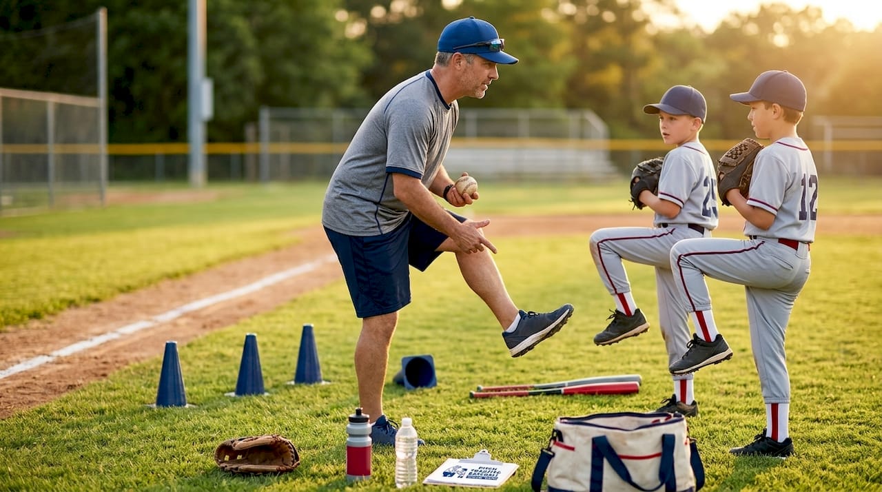 Coach teaching young pitchers proper mechanics