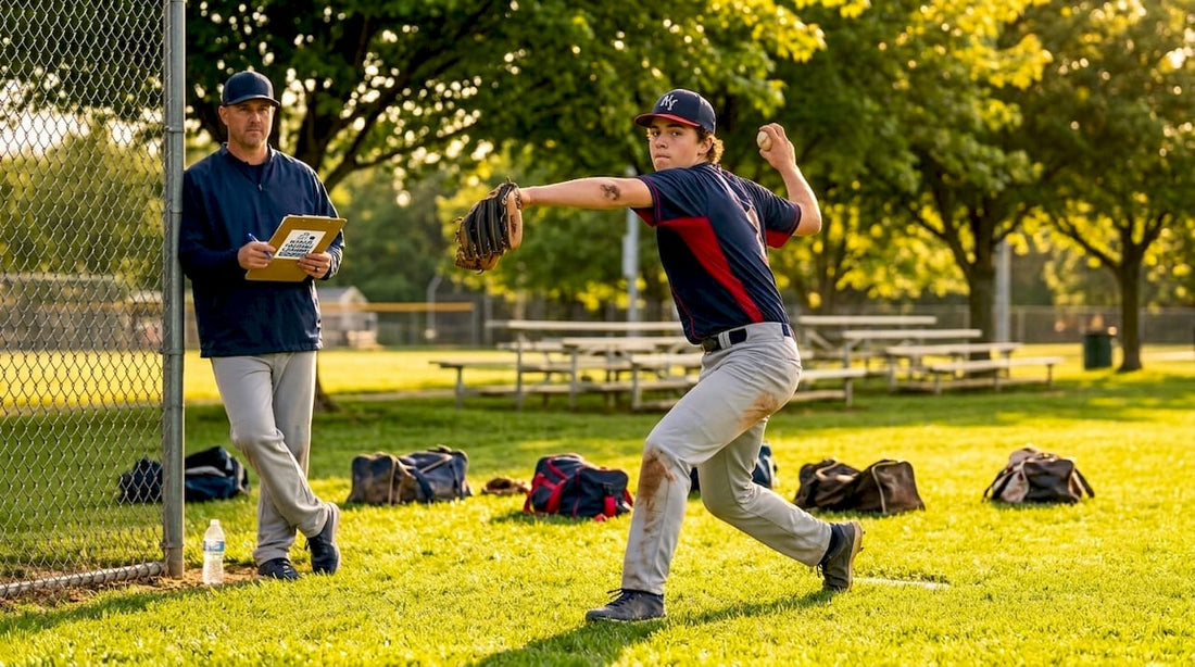 Teen pitcher mid-throw in baseball practice