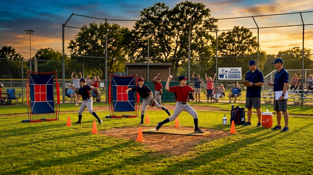 Youth pitchers practicing group drills outdoors