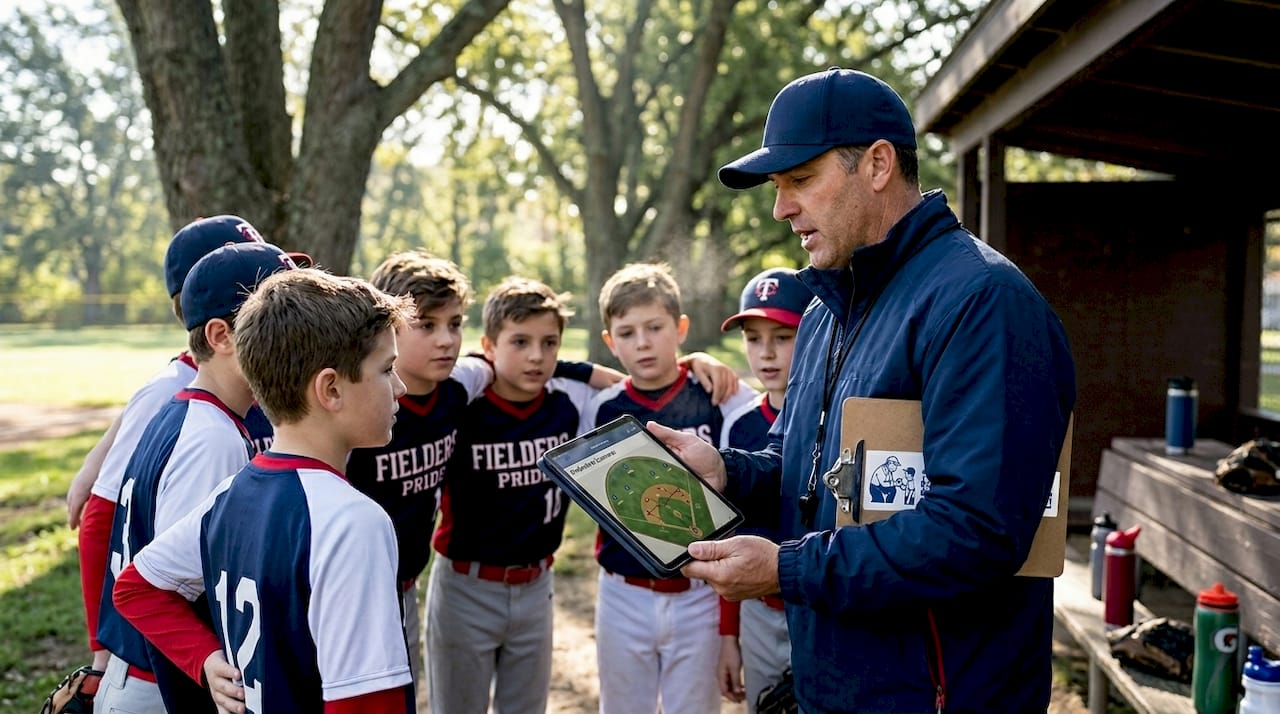 Youth baseball coach using educational app on field