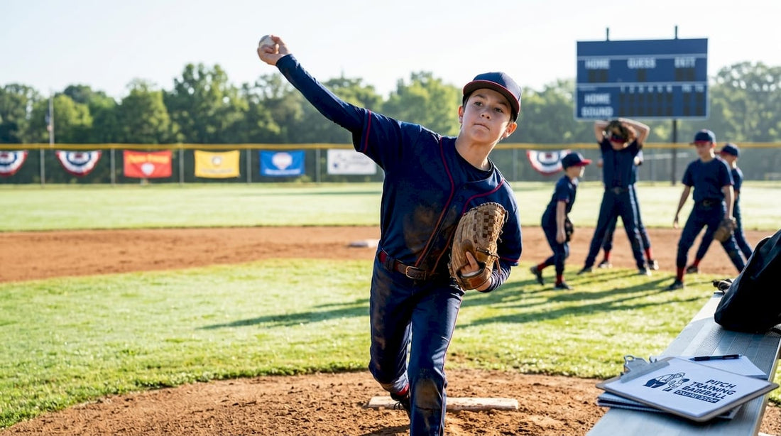 Youth baseball pitcher throwing pitch outdoors
