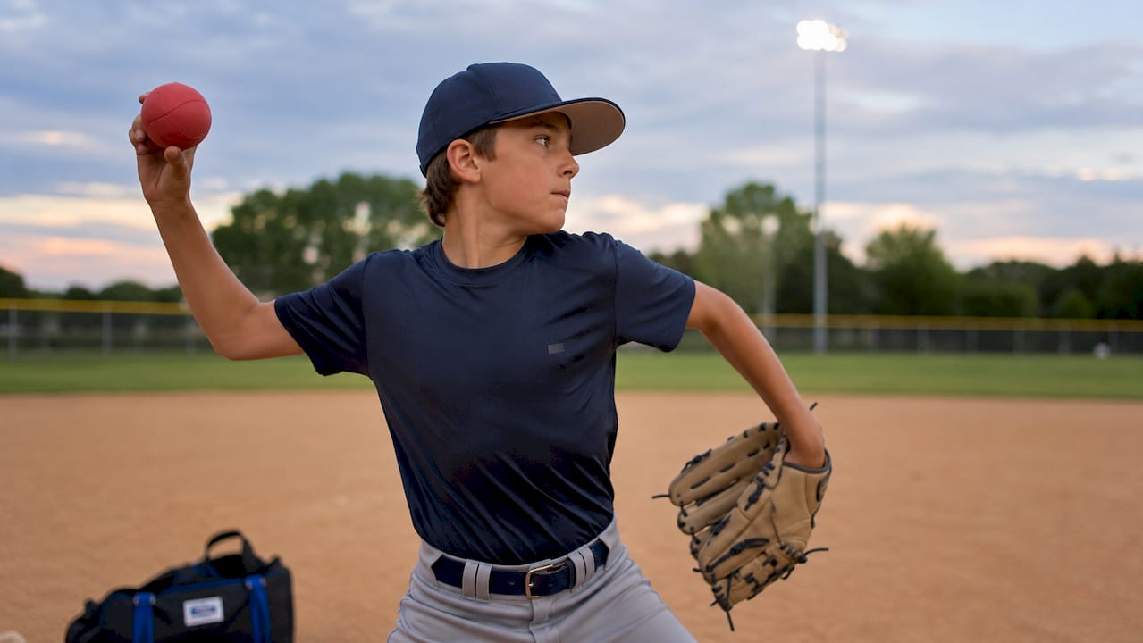 Youth pitcher throwing weighted training ball outdoors