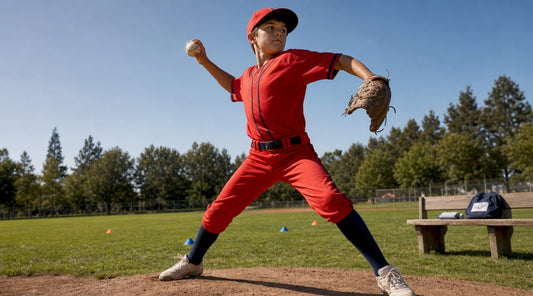 Youth baseball pitcher throwing on field