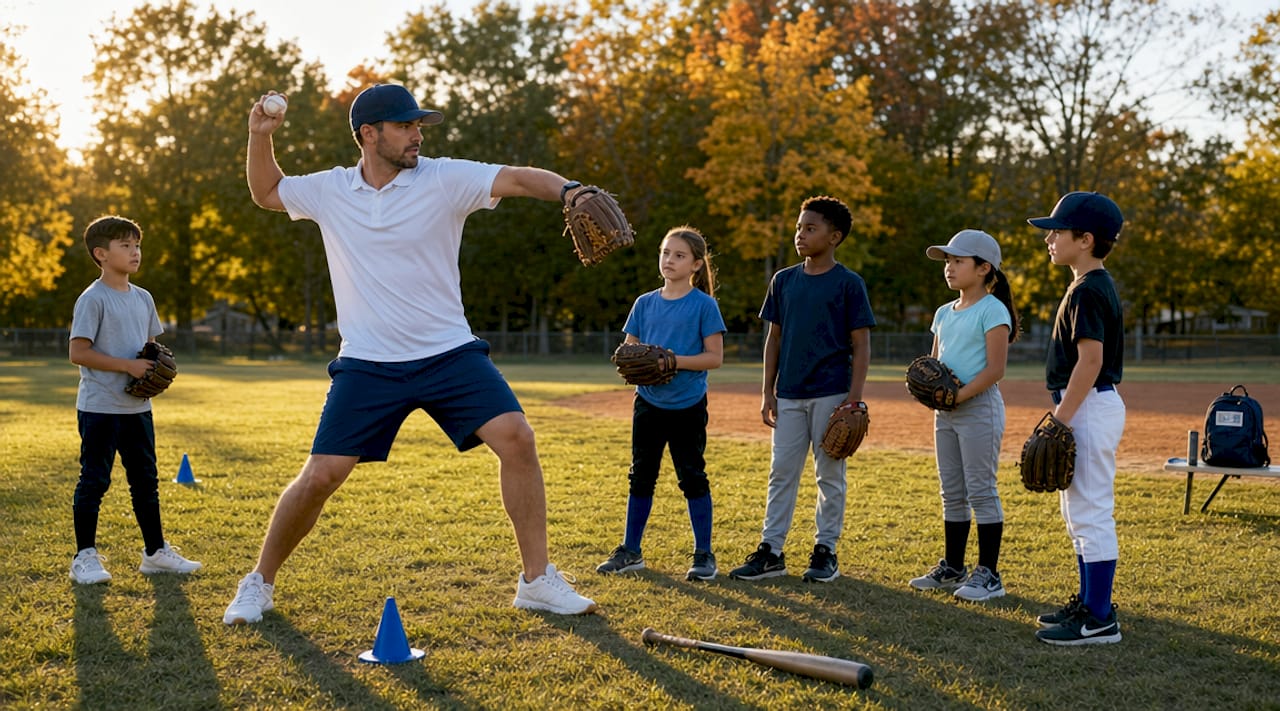 Youth baseball coach demonstrating throwing drill outdoors