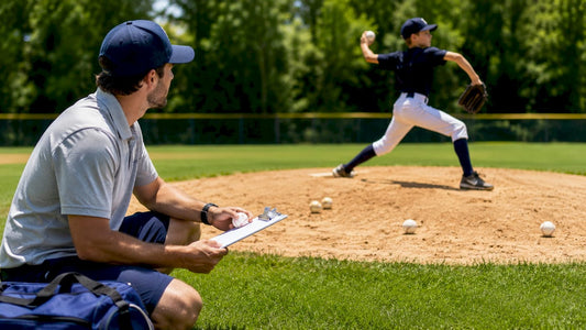 Coach guiding youth baseball pitcher on field