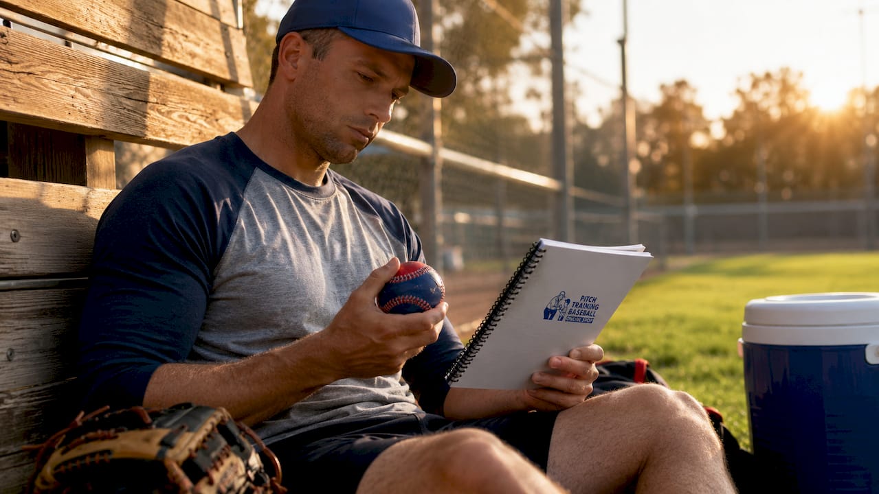 Coach holding pitching training ball and manual on bench