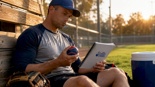 Coach holding pitching training ball and manual on bench
