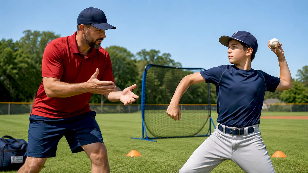 Youth baseball coach instructing player outdoors