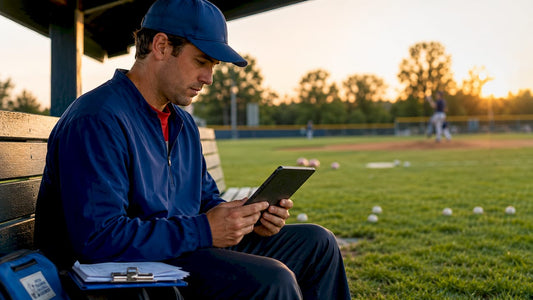 Baseball coach analyzing pitching data on illuminated field