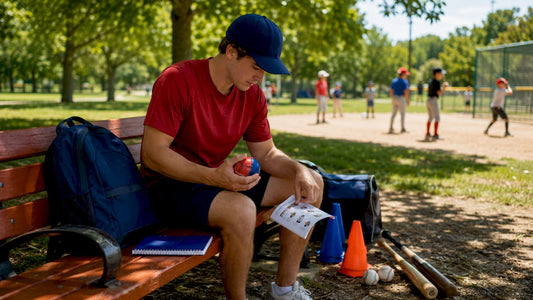 Coach reviewing youth baseball training aids outdoors