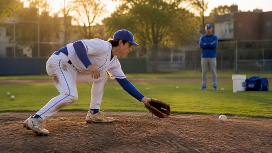 Youth pitcher practicing fielding outdoors