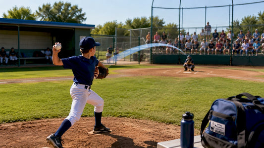 Young pitcher releasing baseball with trajectory path