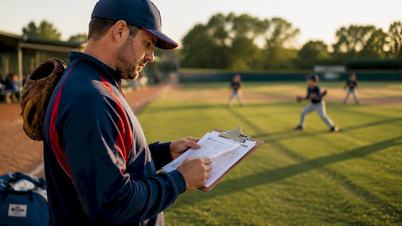 Coach planning pitcher rotations outdoors