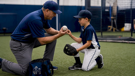 Young baseball player pitching on training field