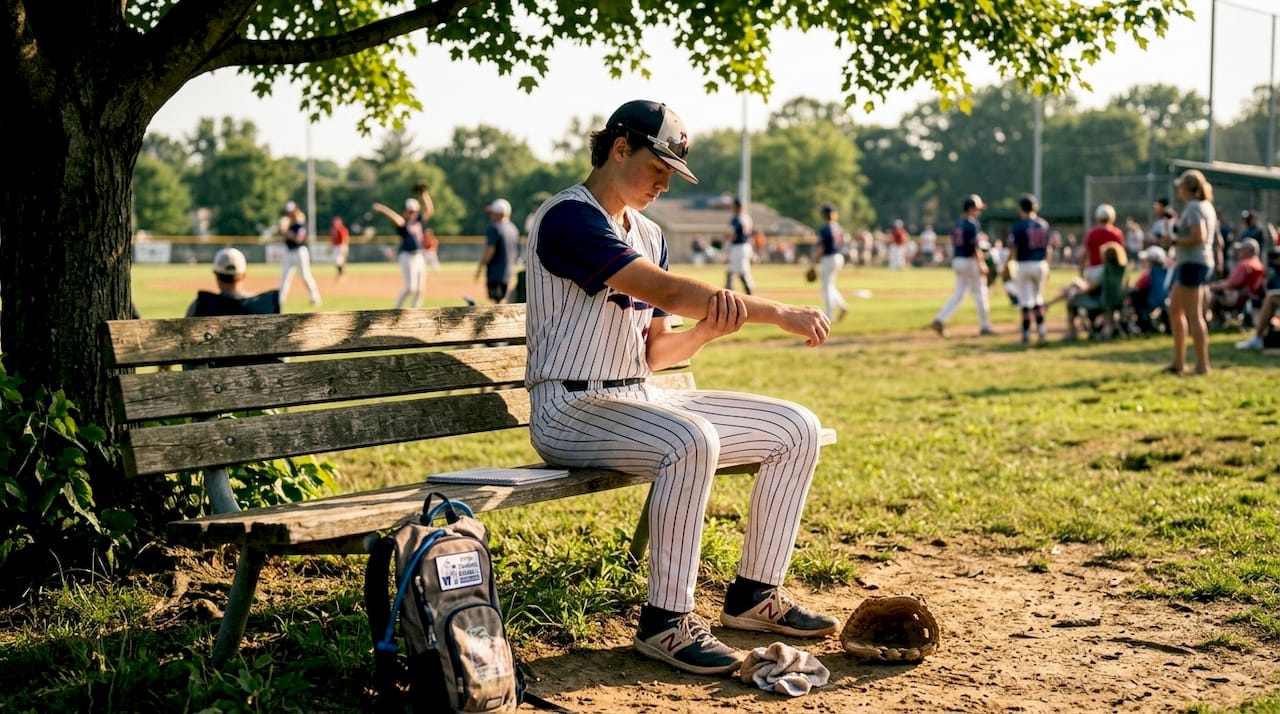 Teen pitcher stretching throwing arm on bench