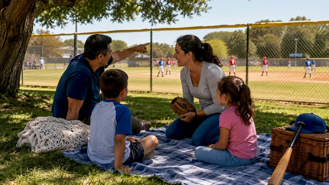Family watching youth baseball game together