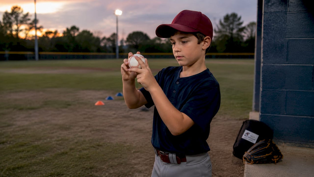 Boy practicing four-seam fastball grip outdoors
