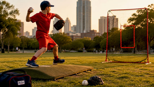 Young athlete pitching with portable training setup