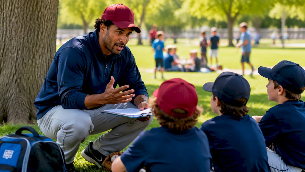 Coach reviewing pitching progress notes outdoors