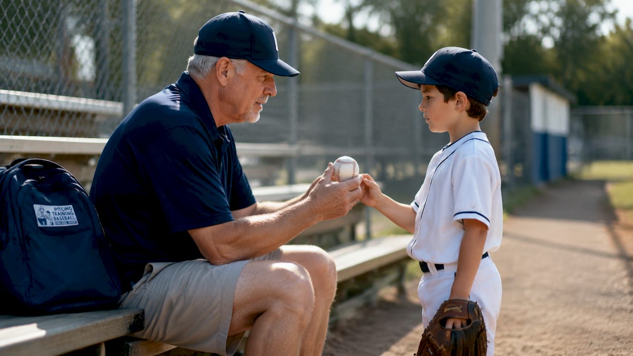 Parent and youth baseball player discussing elbow pain