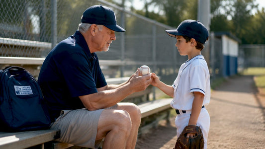 Parent and youth baseball player discussing elbow pain